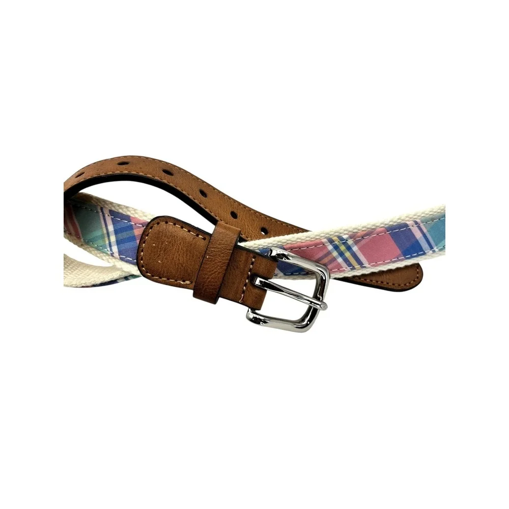 COUNTRY CLUB PREP BELT Brown Leather Plaid White Canvas  Sz XL 34